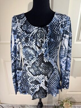 Cache Snake Print Lace-Up Long Sleeve Top - Blue/Black/White Small